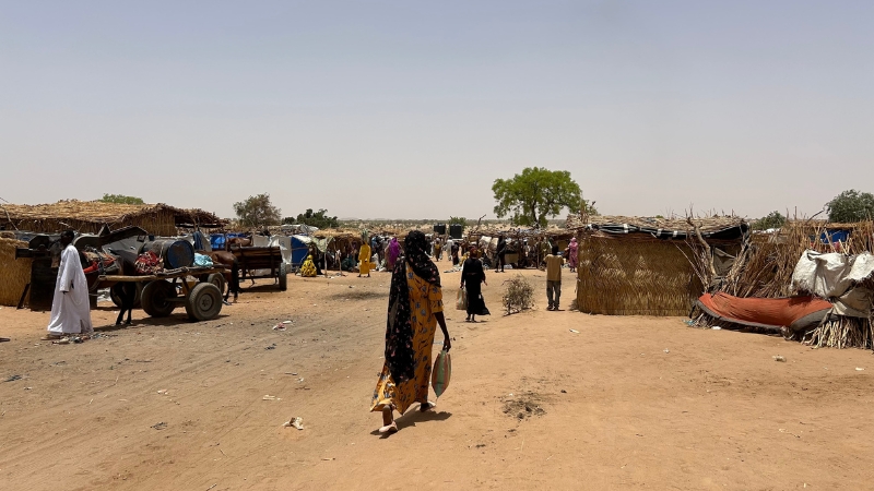 Sudanesische Flüchtlingskrise: Wir leisten Nothilfe im Tschad Frau vor einem Flüchtlingslager, Tschad